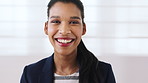 Face, business and happy woman in workplace for hr, talent acquisition or laugh for job opportunity. Portrait, smile and person in office as recruitment specialist, about us and funny professional