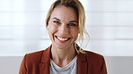 Laugh, face and woman in office for journalist, creative experience and pride for about us. Business, journalism and smile at publishing agency for career development, news reporting and growth