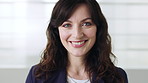 Smile, face and woman in office for writer, creative experience and pride for about us. Business, journalist and female person at publishing agency for career development, news reporting and growth