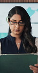 Tablet, business and woman in office for research, marketing  review and planning project. Tech, smile and marketer in workplace for campaign, advertising proposal or reading email for feedback