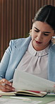 Investor, documents and woman in office, financial planning and charts for audit report. Corporate professional, person and paperwork for economy stats, review profit growth and graphs for income