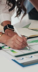 Data analysis, writing and hands of people in office, track sales profit and performance statistics. Review, paperwork or analyst with kpi report for customer insights, planning or pricing strategy