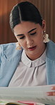 Business, documents and woman in office, financial planning and graphs for audit report. Corporate professional, person or paperwork for economy stats, review profit growth or charts for stock market