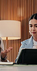 Reading, discussion and women with tablet in creative agency, campaign proposal and promotion plan. Review ideas, branding project and people with tech for decision making, budget revision or talking