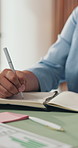 Business woman, hands and writing with notebook in office for project tasks, agenda or reminder. Employees, meeting or planning with to do list for minutes, schedule management or report in workplace