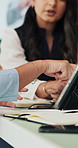 Business women, hands and discussion with tablet in office for project tasks, agenda or reminder. Employees, meeting or planning with technology for minutes, online schedule or report in workplace