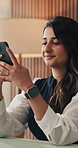 Happy, business and woman with phone in office for real estate, research and contact client. Person, laugh and mobile with funny inquiry, schedule viewing and online negotiation for property auction