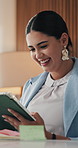 Tablet, business and woman laugh in office with feedback, marketing review and planning project. Tech, smile and marketer in workplace for campaign, advertising proposal or reading funny email