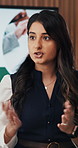 Woman, presentation and talk with feedback at office meeting with screen, review or insight for project. Person, speaker and discussion with pitch, explain and proposal with career at media agency
