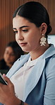 Business, woman and reading with tablet in office for real estate, research and email client. Thinking, person and tech for buyer inquiry, schedule viewing and online negotiation for property auction