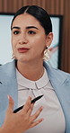 Business, meeting or women with discussion in office for investment request, company budget or update. Investor, person and finance pitch for funding negotiation, financial information and feedback