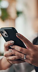 Hands, business and woman with phone in office for real estate, research and contact client. Person, typing and buyer inquiry with mobile, schedule viewing and online negotiation for property auction