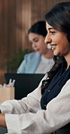 Happy woman, laptop and journalist with typing at office, story and review proposal at media company. Person, computer and smile with editing process, coworking or notes for article at press agency