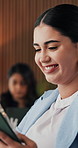 Happy, business and woman with tablet in office for real estate, research and contact client. Person, laugh or digital with buyer inquiry, schedule viewing and online negotiation for property auction