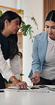 Review, paper or women in office with notebook, funding ideas or strategy in budget planning. Teamwork, stats or financial analyst with documents, investment insight or cost management in data report