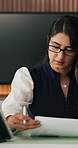 Business, woman and reading document in office for research, writing notes and contact buyer. Timelapse, female realtor or tablet with phone call for auction, schedule update and property negotiation