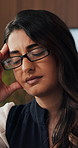 Employee, glasses and woman with headache in office, publicist and frustrated with pr campaign fail. Disappointed, person and thinking with migraine, eyewear and stress for ad budget loss or anxiety