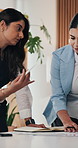 Review, paper or women in office with notes, funding idea or strategy in budget planning. Collaboration, chart or financial analyst with document, investment insight or cost management in data report