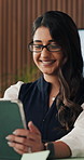Tablet, business and woman laugh in workplace with feedback, marketing meme and planning project. Tech, smile and marketer in office for campaign review, advertising proposal or reading funny email