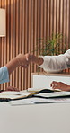 Woman, handshake and smile with interview at office for hiring, agreement or success at insurance company. People, HR manager and shaking hands for welcome, happy or thanks for onboarding at agency