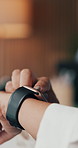 Hands, smart watch and business woman in office with time management, finance schedule or reminder. Person, workplace and wristwatch for notification, scroll calendar and check agenda for investment
