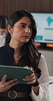 Glass wall, tablet and vision with business woman in office for analytics, brainstorming or planning. App, storyboard and thinking with employee people in workplace for review of data or information