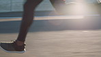 Running, fitness and person in city, legs and training for health benefits, shoes and lens flare. Outdoor, runner and athlete in street, exercise or sneakers for practice, challenge or cardio workout