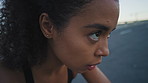 Tired, thinking and black woman in city, fitness and workout for health benefits, sweating and exhausted. African person, outdoor and runner in street, cardio and relax with reflection for progress