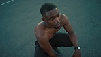 Tired, thinking or black man in city, exercise or workout for health benefits, sweating or exhausted. African person, outdoor or runner in street, cardio or above with reflection for fitness progress