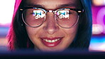 Laptop, neon and reflection in glasses with happy woman online for design or development. Computer, eyewear and smile of designer person in office of digital agency for artistic or creative career