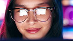 Laptop, reflection in glasses and smile of designer woman online for web development. Computer, eyewear and face of happy person in office of digital design agency for artistic or creative career