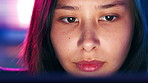 Laptop, neon and reading with woman in office for online design or web development. Computer, information and research with designer person at work in digital agency for artistic or creative career