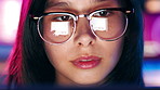 Laptop, neon and reflection in glasses with woman online for design or development at work. Computer, eyewear and reading with designer person in office for artistic, creative or digital career