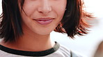 Smile, thinking and woman on beach outdoor for summer idea, planning or vacation memory. Female person, travel or wind for reflection, calm morning and weekend break or holiday getaway in Miami