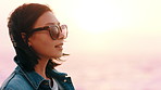 Woman, relax and sunglasses outdoor with summer holiday, wind and thinking for wellness on getaway. Space, female person and shades with reflection, remember memory and breeze for serene vacation.