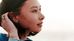 Wind, reflection and woman on beach outdoor for summer idea, planning or vacation memory. Female person, travel or freedom for thinking, calm morning and weekend break or holiday getaway with space