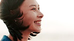 Woman, smile and thinking outdoor with wind, good memories and peace for wellness on weekend getaway. Space, happy female person and relax with reflection, breeze and nostalgia for serene vacation.