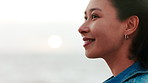 Smile, reflection and woman on beach outdoor for summer idea, planning or vacation memory. Female person, travel or bokeh for thinking, calm morning and weekend break or holiday getaway with space
