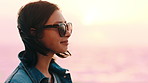 Woman, sunglasses and wind outdoor with summer holiday, hair tuck and thinking for weekend getaway. Space, female person and shades with reflection, remember memory and breeze for serene vacation.