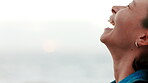 Laugh, thinking and woman on beach for summer idea, planning or vacation memory. Female person, travel or freedom for reflection, calm morning and weekend break or holiday getaway with outdoor space