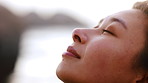Relax, thinking and woman on beach for summer idea, planning or vacation memory. Female person, travel or peace for reflection, calm morning and weekend break or holiday getaway with outdoor space