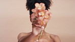 Beauty, face and orchid with woman on studio background for cosmetics or dermatology. Natural, organic or vegan skincare and confident model person with flower for satisfaction or sustainability
