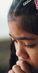 Anxiety, thinking or girl with fear in home, mental health crisis or family separation for abandon feeling. Upset, childhood trauma or kid with depression for divorce news, sad and nervous for future