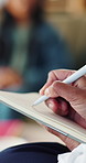 Hands, writing and therapist in office, patient and counseling for mental health, healing and depression. Notebook, psychologist or feedback for progress info, compliance questions and medical report