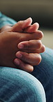 Child, hands and nervous with anxiety, mental health or ADHD for autistic behaviour or stress. Closeup, kid or person with depression or playing with fingers for coping mechanism or disorder on sofa