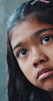 Thinking, sad and girl with reflection in home, family separation and abandon feelings for loneliness. Upset, childhood trauma and kid with depression in apartment, parents divorce or remember memory