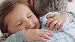 Love, grandfather or girl in house with hug, childcare or bonding in healthy relationship. Family, old man or grandchild in home with embrace, support or connection for childhood development.