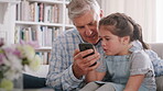 Scroll, grandparent or girl in house with phone, connection or bonding together in social media browse. Digital, old man or grandchild with tech, app browsing or internet search for kid blog.