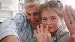 Face, grandfather and kid with greeting on video call, smile or bonding with child in living room. Portrait, girl and grandparent with online chat, happy or wave for hello with POV of family in home