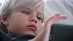 Relax, frustrated or child with phone for gaming, digital world or interactive site for online activity. Upset, entertainment app or boy with battle lose for virtual contest, mobile or play in home
